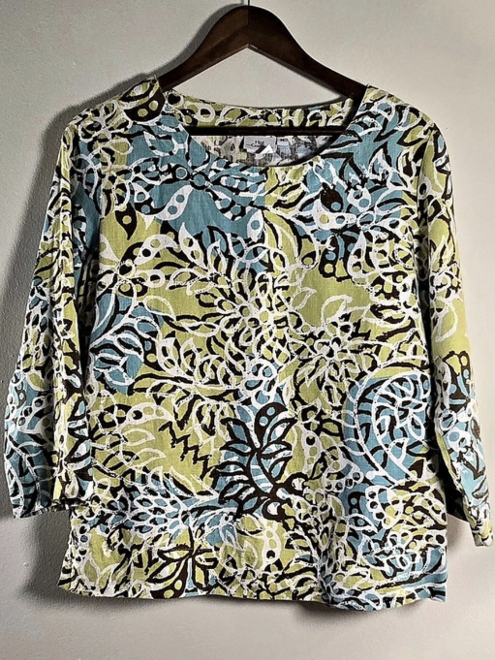 Hot Cotton Ladies 100% Linen Abstract Floral Scoop Neck Blouse M